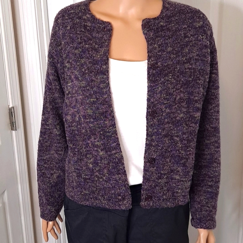 Casual Corner Annex Purple Long-Sleeve Crew-Neck Button-Up Cardigan Sweater
